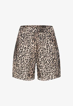 Hlače s leopardjim vzorcem, narejene iz lahkega materiala, z elastičnim pasom, ki vsebuje različne odtenke bež in črnih madežev.