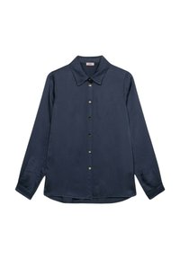 Blusa blu navy a maniche lunghe con colletto a punta e sei bottoni frontali, realizzata in tessuto liscio e leggermente lucido.