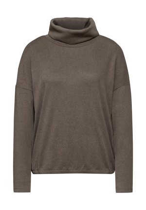 Brun rullkragetröja i mjukt tyg. Har långa ärmar och en avslappnad passform med rundad nederkant. Inga synliga mönster eller metalldelar.