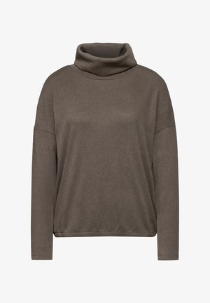 Brun rullkragetröja i mjukt tyg. Har långa ärmar och en avslappnad passform med rundad nederkant. Inga synliga mönster eller metalldelar.