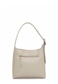Beige leather handbag with a single top strap, front zipper pocket with dual leather pulls, and an adjustable buckle on the strap.
