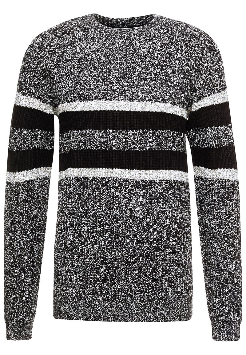 Zwart-wit gebreide trui met lange mouwen, gekenmerkt door horizontale strepen en een gestructureerd patroon. Ronde halslijn, ontspannen pasvorm.