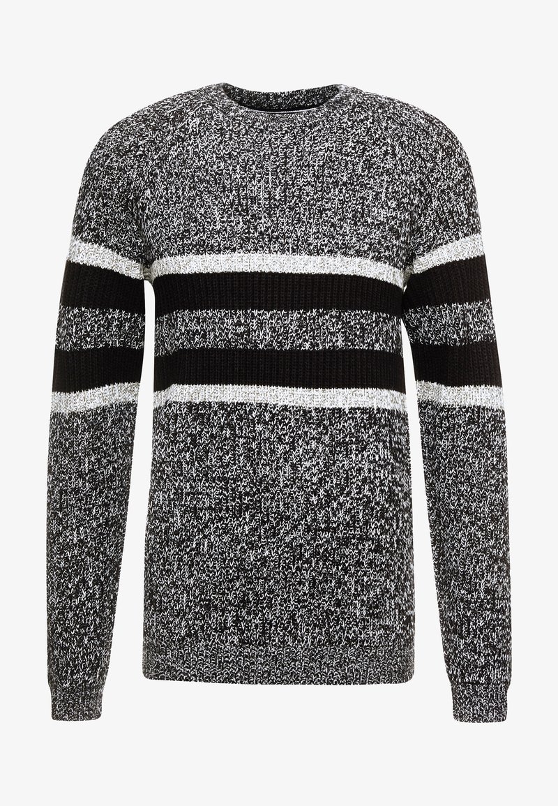Zwart-wit gebreide trui met lange mouwen, gekenmerkt door horizontale strepen en een gestructureerd patroon. Ronde halslijn, ontspannen pasvorm.