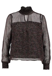 Blusa nera trasparente con colletto alto arricciato, maniche lunghe e polsini elasticizzati. Presenta un motivo a pois colorati sparsi su tutta la superficie.