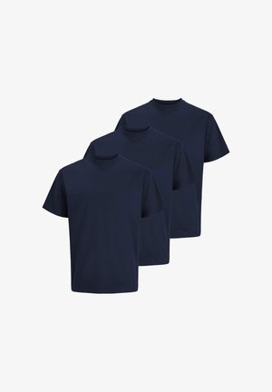 Tre helt mørkeblå korte ærmer rundhals T-shirts, arrangeret i et forskudt, overlappende layout på en hvid baggrund.
