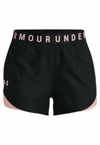 Pantalones cortos deportivos negros con un acento rosa en los laterales. Cuenta con una cinturilla elástica ancha con "UNDER ARMOUR" impreso en rosa. Tejido ligero.