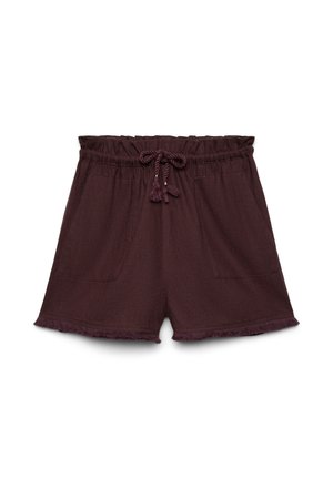 Pantaloncini casual di colore viola scuro con vita elasticizzata arricciata, coulisse con nappine, tasche frontali e bordi sfrangiati.