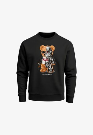 Black sweatshirt with graphic of half teddy bear wearing sunglasses and leather jacket, half robot skeleton holding gun, text "I'll bear back!"