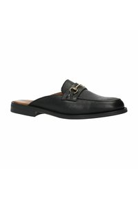 Black leather slip-on shoe with a rounded toe, flat heel, subtle stitching, and a decorative metal buckle on the upper front.