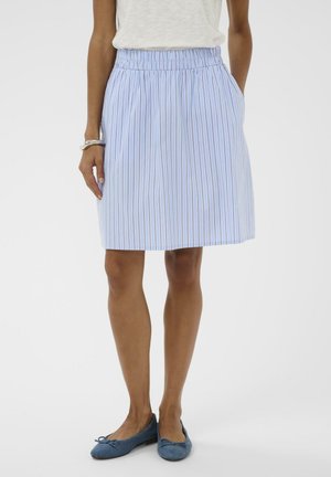 Žena oblečená v svetlomodrej pásikavej sukni po kolená s elastickým pásom, bielom topu, striebornej náramku a modrých balerínkach.