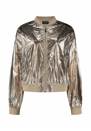Glinsterende metalen bomberjack met beige geribbelde kraag, manchetten en zoom, voorzien van een voorrits en lange mouwen.