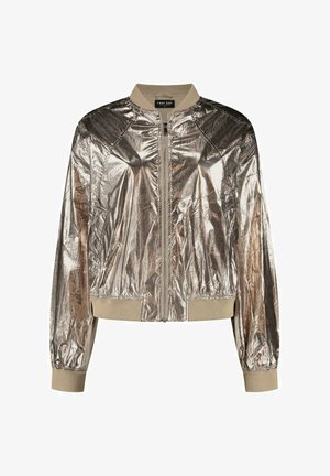 Glinsterende metalen bomberjack met beige geribbelde kraag, manchetten en zoom, voorzien van een voorrits en lange mouwen.