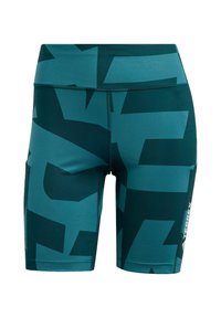 Teal atletiska shorts i texturerad tyg, med ett djärvt geometriskt mönster och en sidficka, samt resår i midjan för en bra passform.