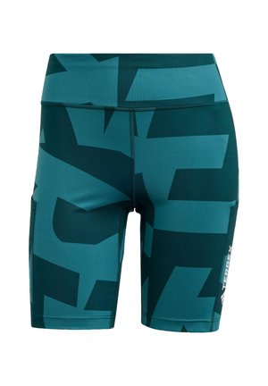 Türkise Sportshorts aus strukturiertem Gewebe, mit einem auffälligen geometrischen Muster und einer Seitentasche, sowie einem elastischen Bund für einen perfekten Sitz.