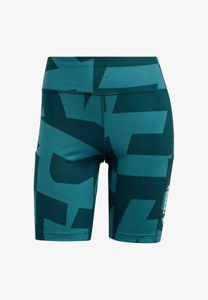 Teal sportieve shorts van een gestructureerde stof, met een gedurfde geometrische print en een zijzak, voorzien van een elastische tailleband voor een goede pasvorm.