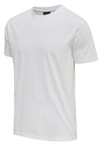 T-shirt blanc uni à manches courtes et col rond, présenté de face avec une légère ombre sur la texture du tissu.