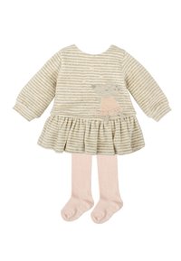 Vestido rayado beige, de manga larga, con falda recogida, bordado de ratón, incluye medias rosa claro. Tela suave con acabado texturizado.