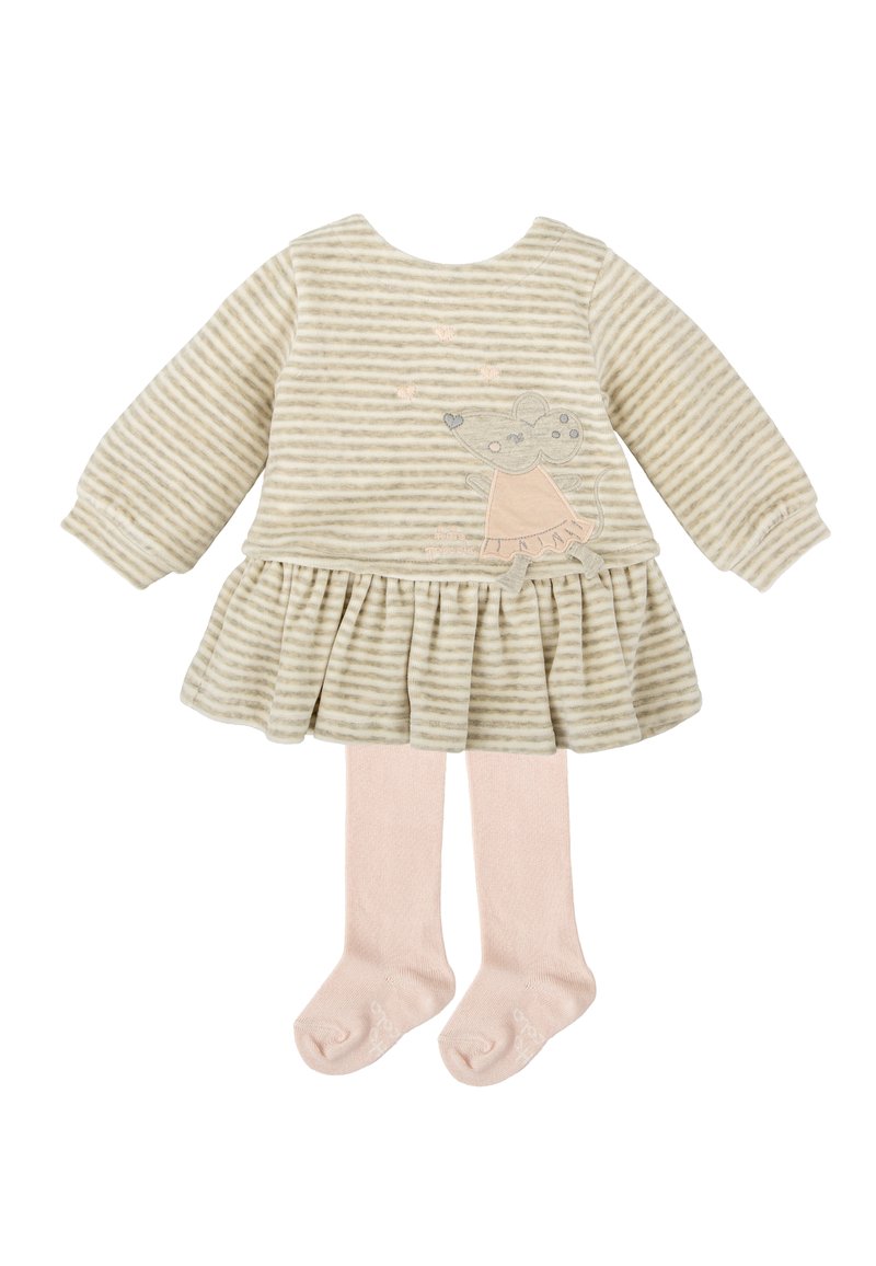 Vestido rayado beige, de manga larga, con falda recogida, bordado de ratón, incluye medias rosa claro. Tela suave con acabado texturizado.