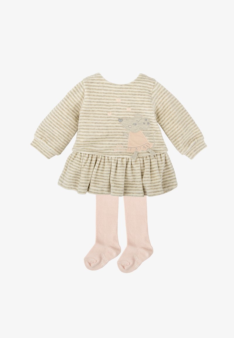 Vestido rayado beige, de manga larga, con falda recogida, bordado de ratón, incluye medias rosa claro. Tela suave con acabado texturizado.