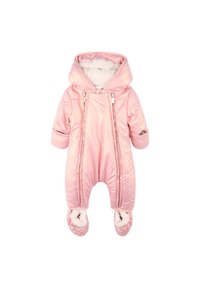 Roze geïsoleerde sneeuwpak met een donzige interieur, capuchon en dubbele ritsen aan de voorkant. Voorzien van zachte, ronde voeten voor warmte en comfort.