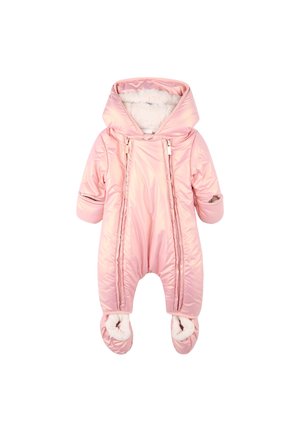 Combinaison de neige isolée rose avec un intérieur moelleux, capuche et doubles zips à l'avant. Équipée de pieds arrondis et doux pour plus de chaleur et de confort.