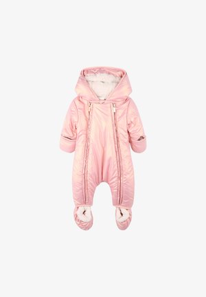 Combinaison de neige isolée rose avec un intérieur moelleux, capuche et doubles zips à l'avant. Équipée de pieds arrondis et doux pour plus de chaleur et de confort.