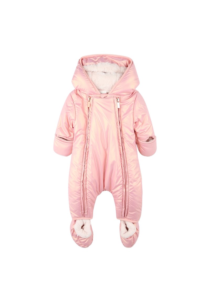 Roze geïsoleerde sneeuwpak met een donzige interieur, capuchon en dubbele ritsen aan de voorkant. Voorzien van zachte, ronde voeten voor warmte en comfort.