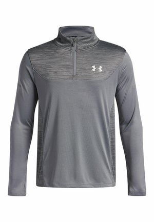 Grijze heren lange mouwen sportpull met kwart-rits en textuur op het bovenste borstpaneel, met een wit Under Armour-logo.