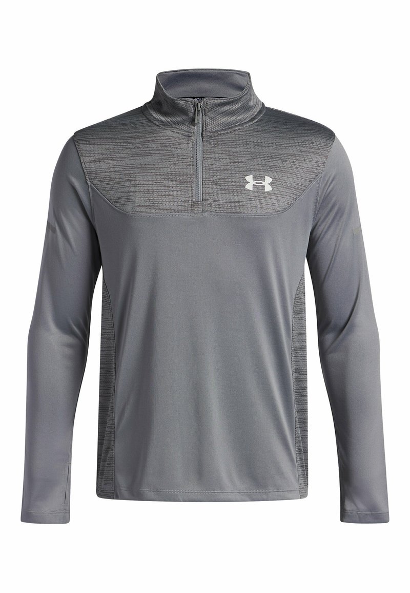 Męski szary długi rękaw sportowy pulower z ćwierć zamkiem i teksturowaną górną częścią klatki piersiowej, z białym logo Under Armour.