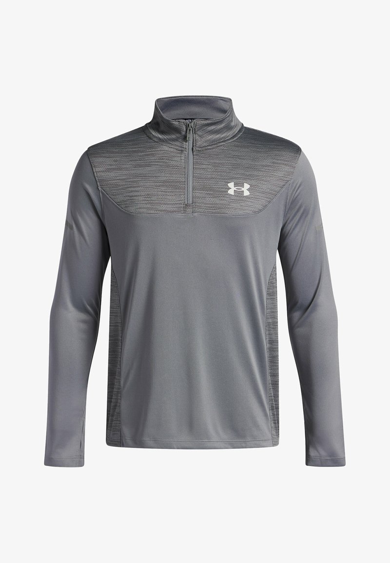 Grauer, langärmeliger Sportpullover für Herren mit Viertelreißverschluss und strukturiertem Oberteil, ausgestattet mit einem weißen Under Armour-Logo.