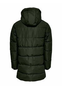 Veste en duvet vert foncé avec capuche, présentant un design matelassé, une texture lisse et une coupe mi-longue. La vue arrière montre les poches et les coutures.