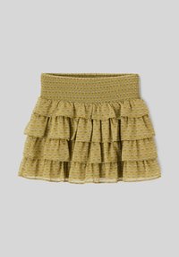 Jupe à volants à étages de couleur jaune moutarde avec un motif floral, dotée d'une taille smockée et d'un tissu léger et texturé.