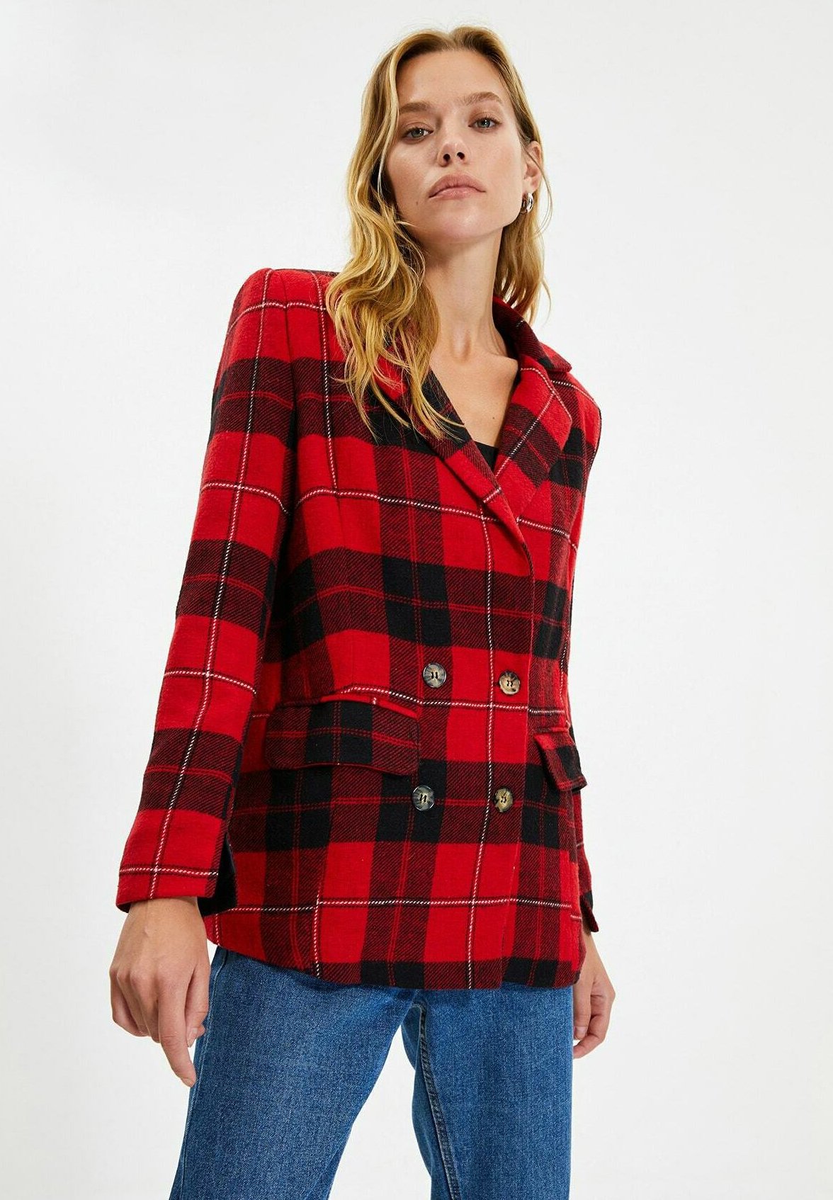 red tartan blazer
