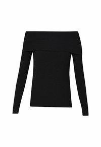 Melna off-the-shoulder ribbed pusmēte ar garām piedurknēm un pieguļošu siluetu, ar plašu kakla izgriezumu un gludu tekstūru.