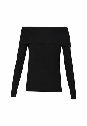 Schwarzer, schulterfreier, gerippter Pullover mit langen Ärmeln und einer taillierten Silhouette, der einen weiten Ausschnitt und eine glatte Textur aufweist.