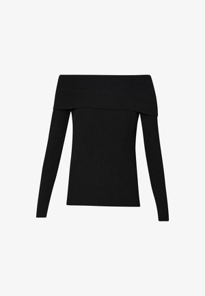 Maglione nero a spalle scoperte in maglia con maniche lunghe e silhouette aderente, con scollatura ampia e texture liscia.
