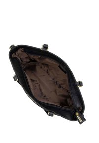 Zwarte leren handtas met een ruime bruine interieur, voorzien van gouden hardware en een ritsvak. Merkenlogo gedrukt aan de binnenzijde.