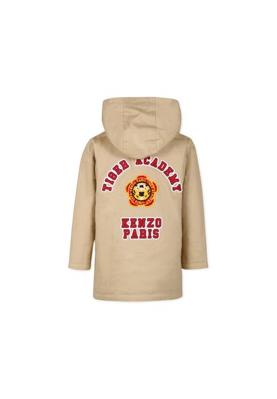 Veste à capuche beige avec broderies des logos "Tiger Academy" et "Kenzo Paris" en rouge, ainsi qu'une illustration du visage d'un tigre dans le dos.