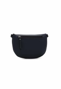 Schwarze Umhängetasche aus glattem Material, mit einer Vorderseite mit Reißverschluss, runder Form und verstellbarem Riemen. Minimalistisches Design ohne sichtbare Beschläge.