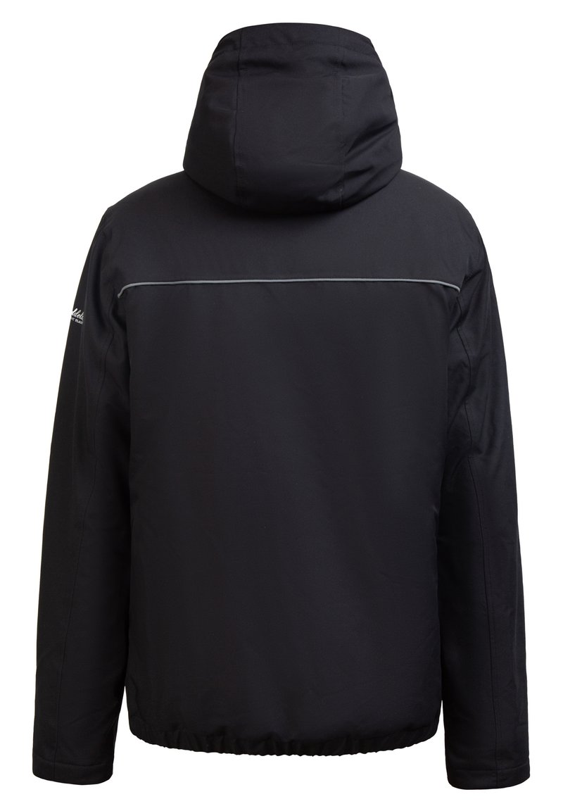 Schwarze isolierte Jacke mit Kapuze, mit einer genähten Naht entlang des Rückens und elastischen Bündchen an der Taille und den Ärmeln.