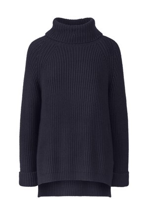 T tumma laivastonsininen neulepusero, jossa on korkea kaulus, ribbaustekstuuri ja pitkät hihat. Helmassa on hieman pidempi osa takana, ja hihansuissa on käänteet.