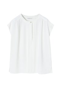 Witte blouse met korte mouwen, ronde halslijn en knoopsluiting. Bevat verticale plooien en zijsplitten voor een ontspannen pasvorm. Veerkrachtige stof.