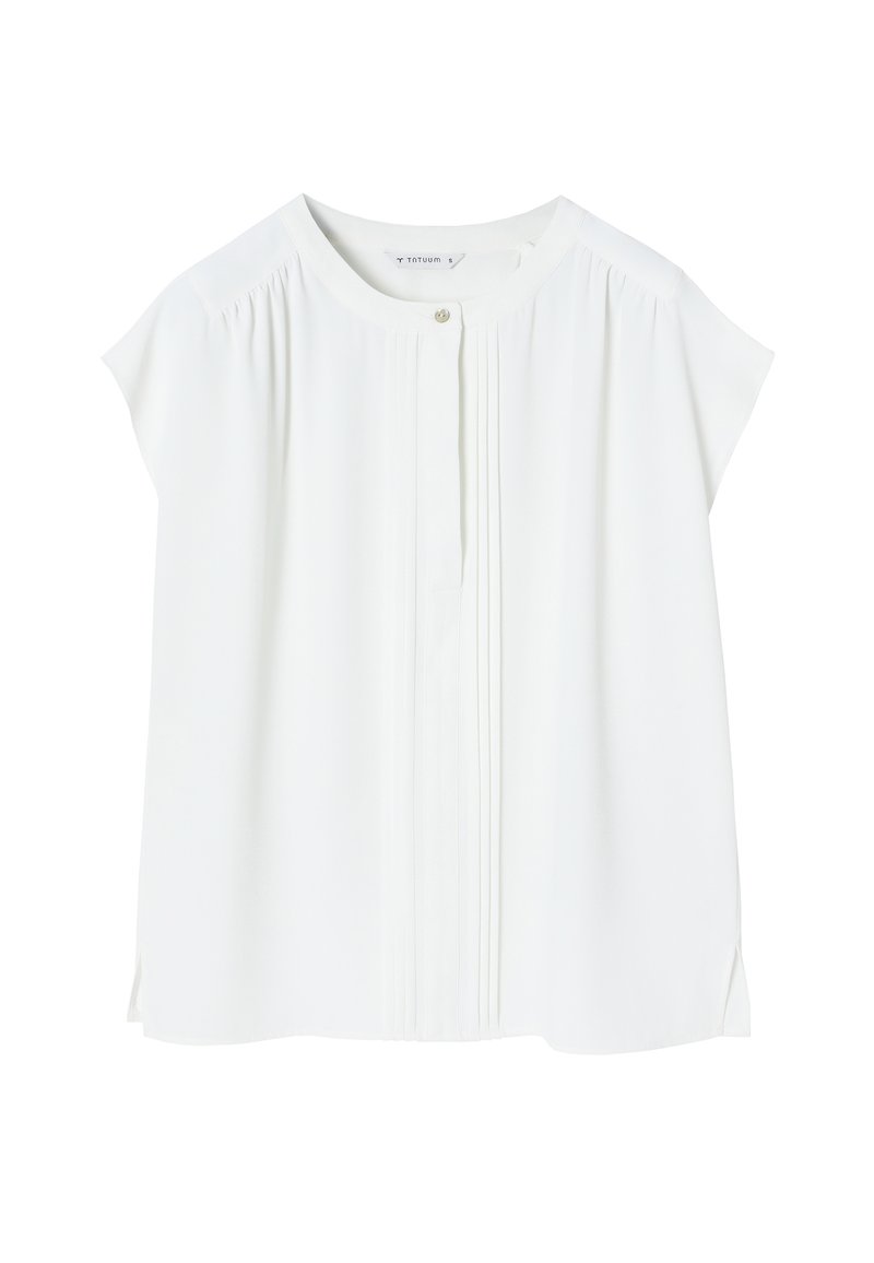 Witte blouse met korte mouwen, ronde halslijn en knoopsluiting. Bevat verticale plooien en zijsplitten voor een ontspannen pasvorm. Veerkrachtige stof.