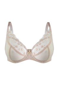 Biustonosz z koronkowym wykończeniem w miękkim beżowym kolorze, z wyściełanymi miseczkami, kwiatowym haftem, regulowanymi ramiączkami oraz złotym zapięciem z przodu.