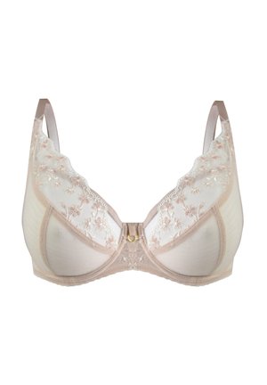 Biustonosz z koronkowym wykończeniem w miękkim beżowym kolorze, z wyściełanymi miseczkami, kwiatowym haftem, regulowanymi ramiączkami oraz złotym zapięciem z przodu.