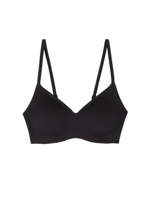Soutien-gorge sans fil noir avec bonnets légèrement rembourrés et bretelles fines réglables, conçu pour un confort et un maintien quotidiens.