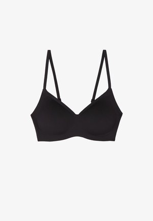 Soutien-gorge sans fil noir avec bonnets légèrement rembourrés et bretelles fines réglables, conçu pour un confort et un maintien quotidiens.