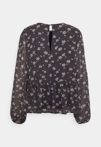 Blusa a manica lunga in leggero tessuto nero con motivo floreale, dotata di scollatura a V e dettaglio arricciato in vita. Apertura a oblò sul retro.