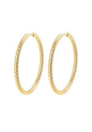Pair of textured gold hoop earrings with a hammered pattern and latch back closures on a white background.