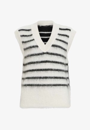 White knitted vest with black horizontal stripes, V-neckline, and short sleeves. Soft texture, casual design, and loose fit.